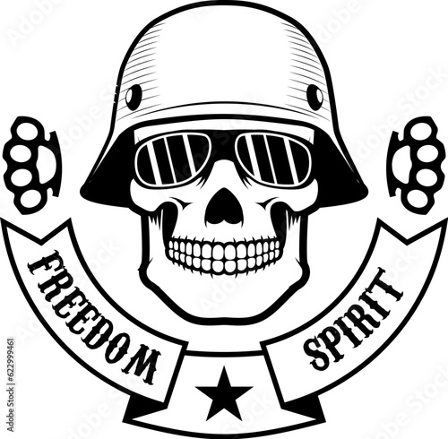 Freedom spirit. Skull with moustache in motorcycle helmet. T-shirt print template. Design element in vector.