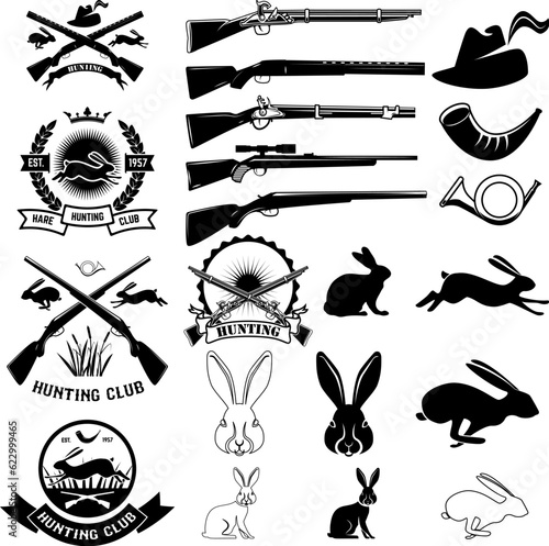 Set of hare hunting club labels, badges and design elements. Vector illustration.