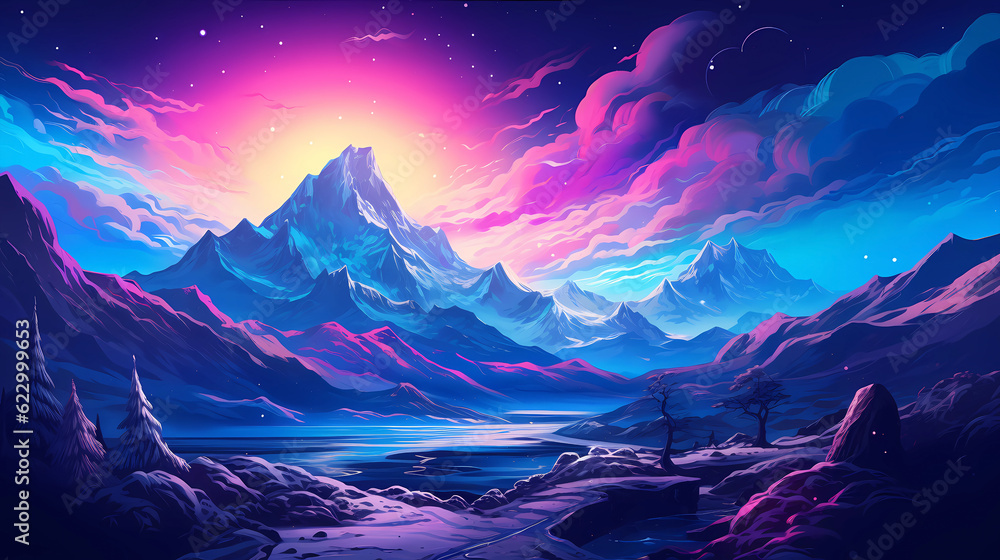 Hand drawn cartoon beautiful night snow mountain landscape illustration
Hand drawn cartoon beautiful night snow mountain landscape illustration