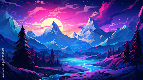 Hand drawn cartoon beautiful night snow mountain landscape illustration 