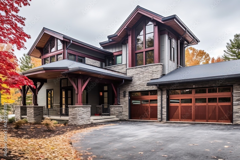 Captivating Avant-Garde Dwelling with Three-Car Garage, Maroon Siding, and Natural Stone Accents, generative AI Captivating Avant-Garde Dwelling with Three-Car Garage, Maroon Siding, and Natural Stone Accents, generative AI