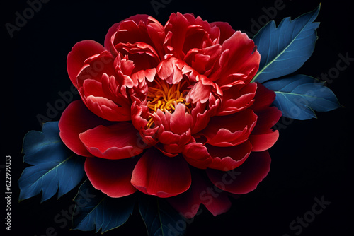 Fototapeta Naklejka Na Ścianę i Meble -  red peony flower close up on a dark blue background, AI generated