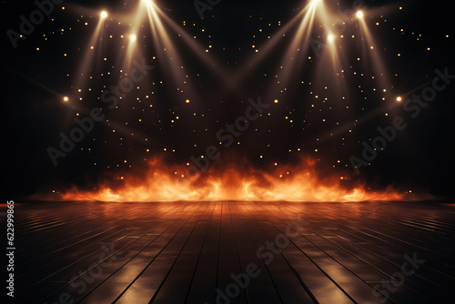 spotlights shine on stage floor in dark room with fire candle flame , candle effect ground photo