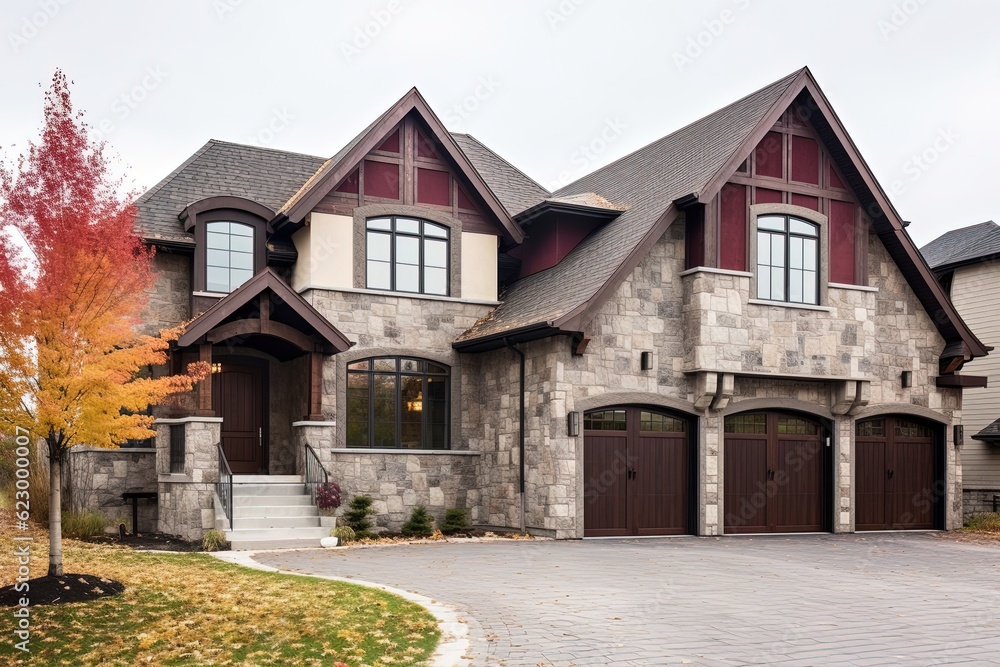 Double Garage and Open Concept Shine in Chic, Recently Constructed House with Burgundy Siding and Natural Stone Pillars, generative AI Double Garage and Open Concept Shine in Chic, Recently Constructed House with Burgundy Siding and Natural Stone Pillars, generative AI