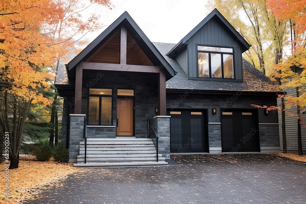 Double Garage and Open Concept Shine in Chic New Home with Dark Gray Siding and Natural Stone Pillars, generative AI Double Garage and Open Concept Shine in Chic New Home with Dark Gray Siding and Natural Stone Pillars, generative AI