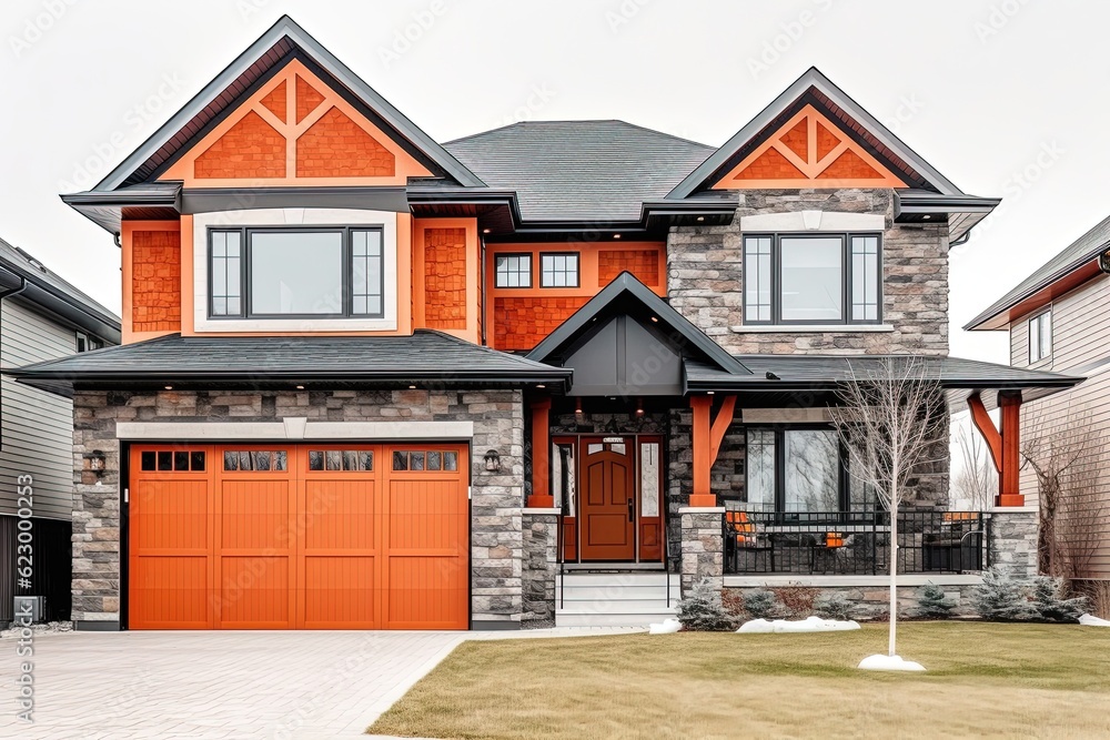 Newly Built Chic House: Open Concept, Double Garage, Orange Siding & Natural Stone Pillars, generative AI