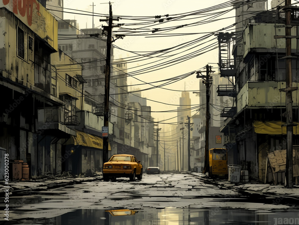 A Grungy Urban Setting with Bold Straight Lines and a Limited Color Palette | Generative AI