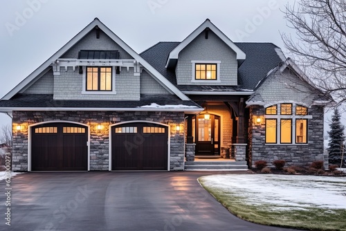 Double Garage and Open Concept Design in Chic Gray Siding House with Natural Stone Pillars, generative AI