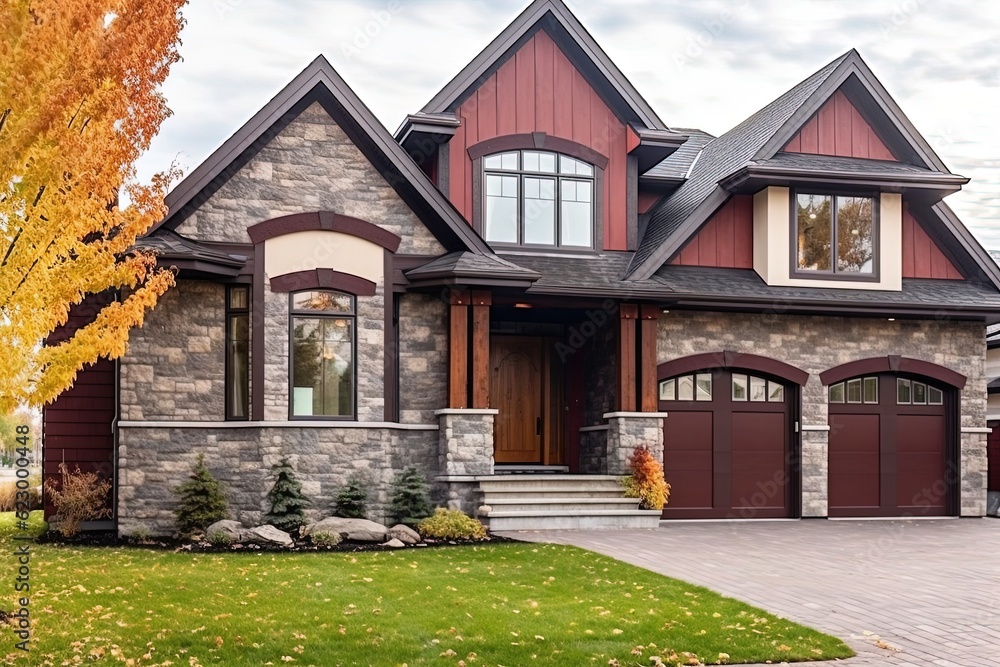 Burgundy Siding and Natural Stone Pillars Complement this Recently Constructed Chic House with an Open Concept and Double Garage, generative AI Burgundy Siding and Natural Stone Pillars Complement this Recently Constructed Chic House with an Open Concept and Double Garage, generative AI
