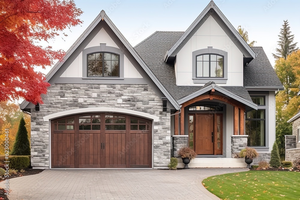 Chic Open-Concept House with Double Garage, Light Gray Siding, and Natural Stone Pillars, generative AI Chic Open-Concept House with Double Garage, Light Gray Siding, and Natural Stone Pillars, generative AI