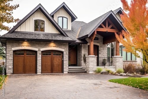 Double Garage & Open Concept: A Tour of a Chic Recently Constructed House with Beige Siding and Natural Stone Pillars, generative AI