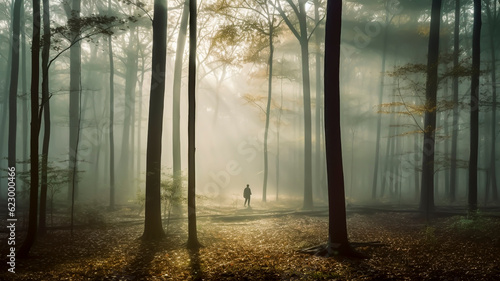 Silhouette of a man walking through a foggy forest.