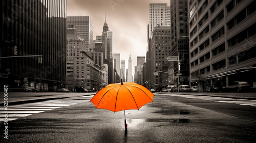 Solitary Orange Umbrella on Vacant City Streets. Quiet Urban Scene  Rainy Atmosphere  Urban Solitude.