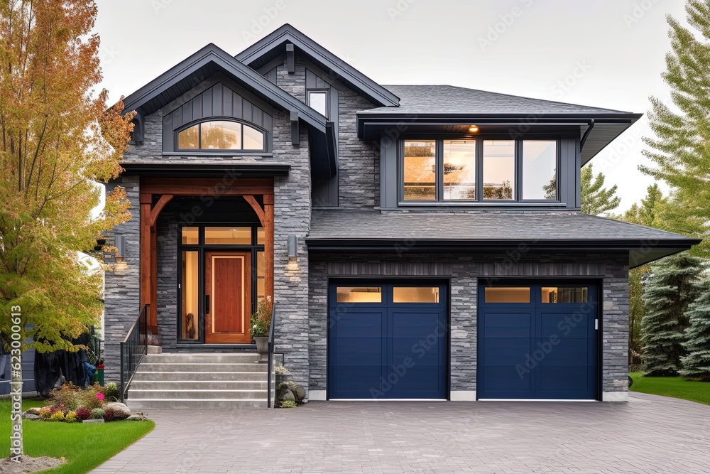Stunning New House: Open Concept, Double Garage, Dark Blue Siding, Natural Stone Pillars, generative AI