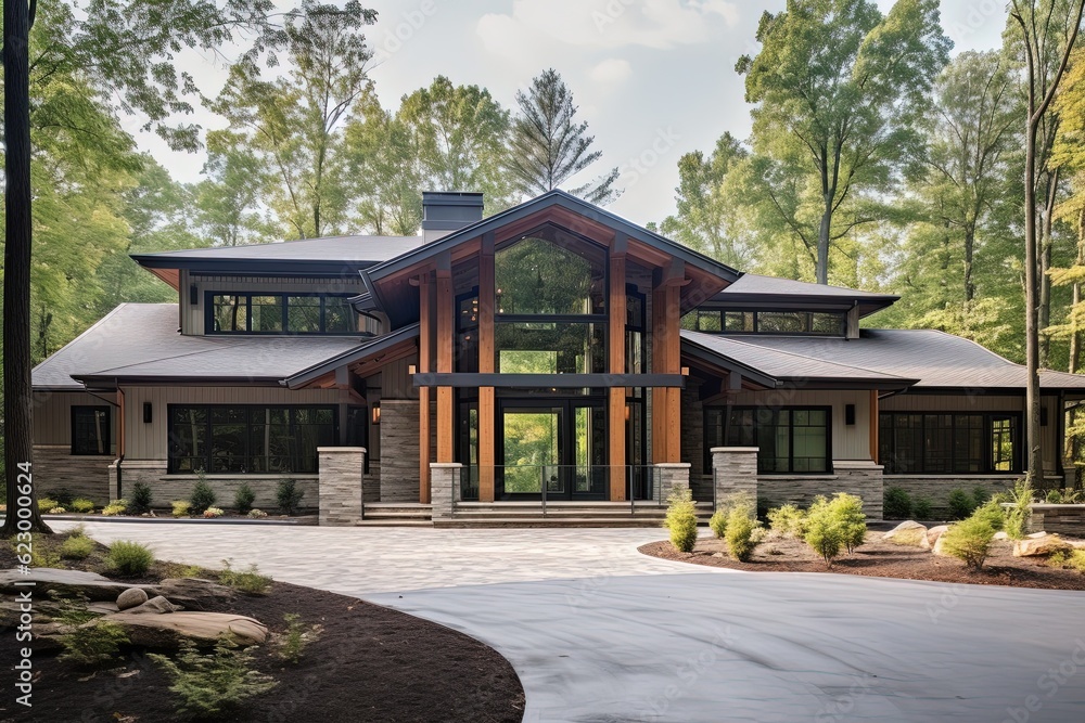 Cutting-Edge Aesthetic: Classic New Build Property with Three-Car Garage, Forest Green Siding, and Natural Stone Accents, generative AI