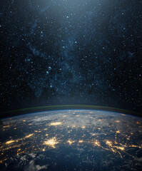  View of the Earth, star and galaxy. Sunrise over planet Earth, view from space. Concept on the theme of ecology, environment, Earth Day. Elements of this image furnished by NASA.