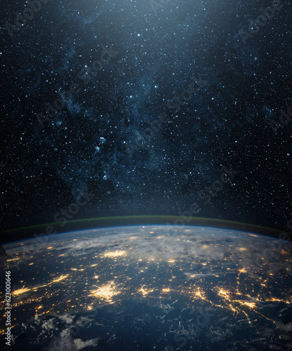 Fototapeta Naklejka Na Ścianę i Meble -   View of the Earth, star and galaxy. Sunrise over planet Earth, view from space. Concept on the theme of ecology, environment, Earth Day. Elements of this image furnished by NASA.