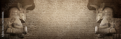 Ancient cuneiform Sumerian and bull statue, a mythical Assyrian deity. Historical background on the theme of civilizations of Assyria, Mesopotamia, Babylon, interfluve, Sumerian.