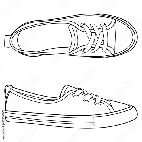 hand drawn sneakers, gym shoes, side and sole view. Image in different views - front, back, top, side, sole and 3d view. Doodle vector illustration.