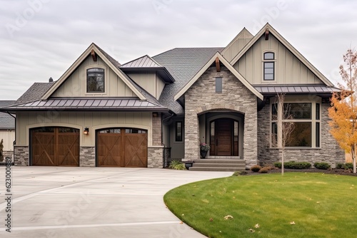 Contemporary Design meets Elegance in Newly Built Home with Three-Car Garage & Mint Green Siding, Enhanced by Natural Stone Accents, generative AI