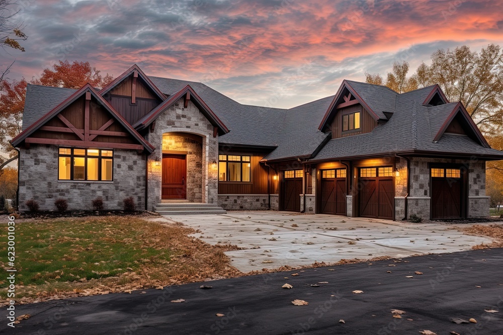 Contemporary Design shines in Elegant Newly Built Home with Three-Car Garage, Burgundy Siding, and Natural Stone Accents, generative AI Contemporary Design shines in Elegant Newly Built Home with Three-Car Garage, Burgundy Siding, and Natural Stone Accents, generative AI