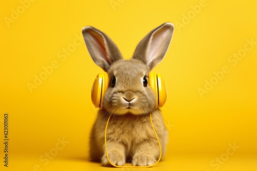 Young brown white Rabbit Listening to Music On Headphones. Yellow Isolated Background. Generate AI. 