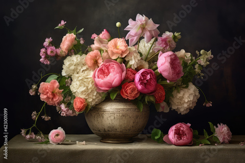 Fototapeta Naklejka Na Ścianę i Meble -  Flower Still Life Bouquet in Vintage Vase, Ancient Dutch Masters Imitation, Abstract Generative AI Illustration