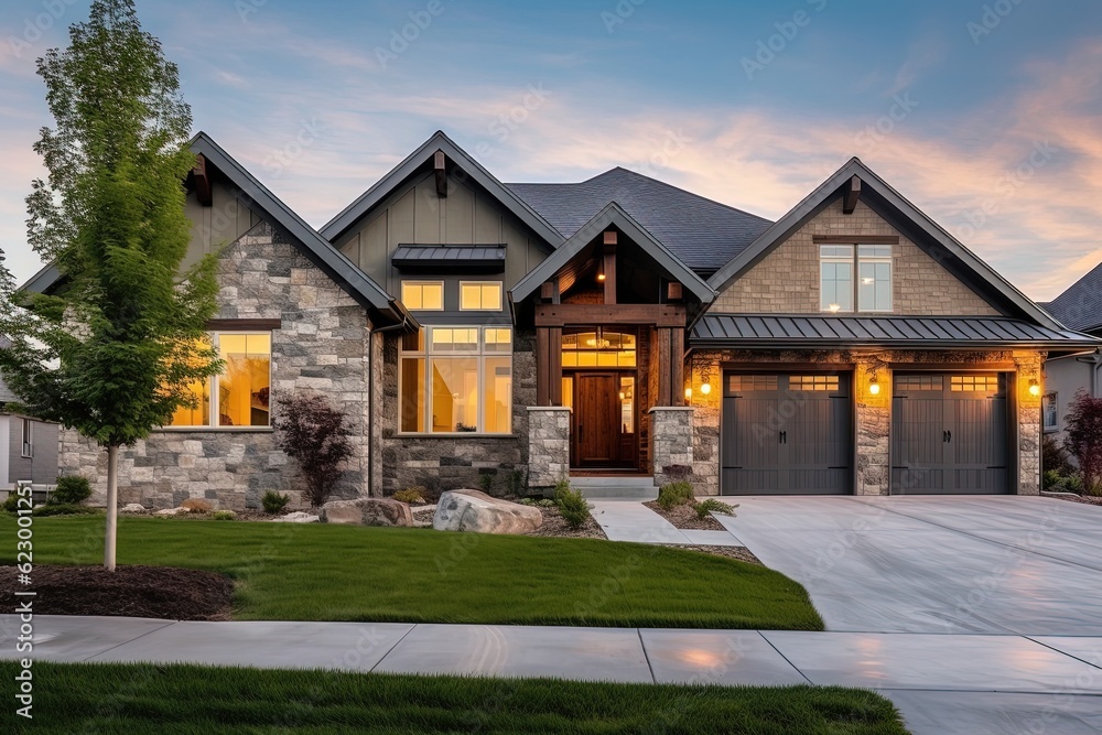 Contemporary Design Meets Elegance: Newly Built Home with Three-Car Garage, Green Siding, and Natural Stone Accents, generative AI
