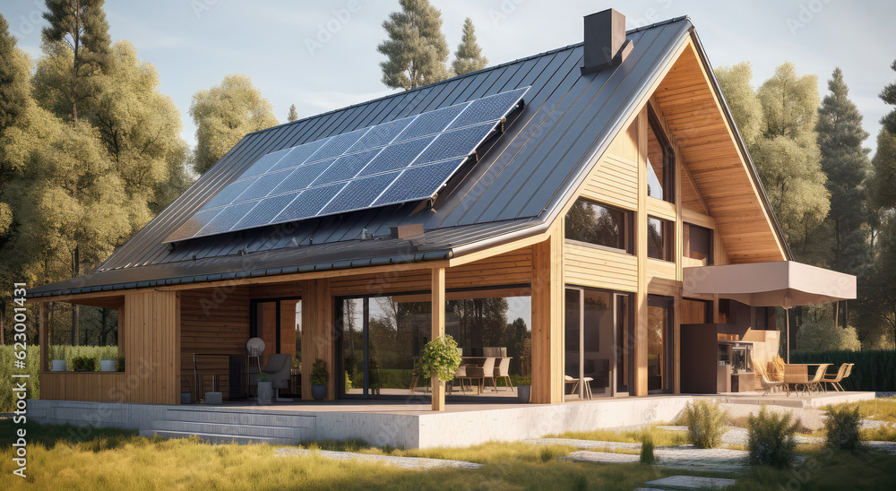 photovoltaic solar panels in modern house roof. Alternative and Renewable energy concept, generative AI