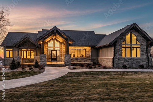 Contemporary Design: Elegant Newly Built Home with Three-Car Garage, Mint Green Siding, and Natural Stone Accents, generative AI