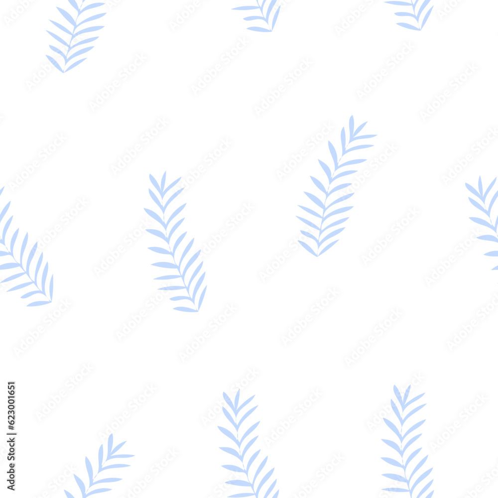  blue tropical abstract plant on white background,seamless botanical pattern,tender spring illustration for home decoration,nursery,woman accessories,cover design,print with tropical leaves.