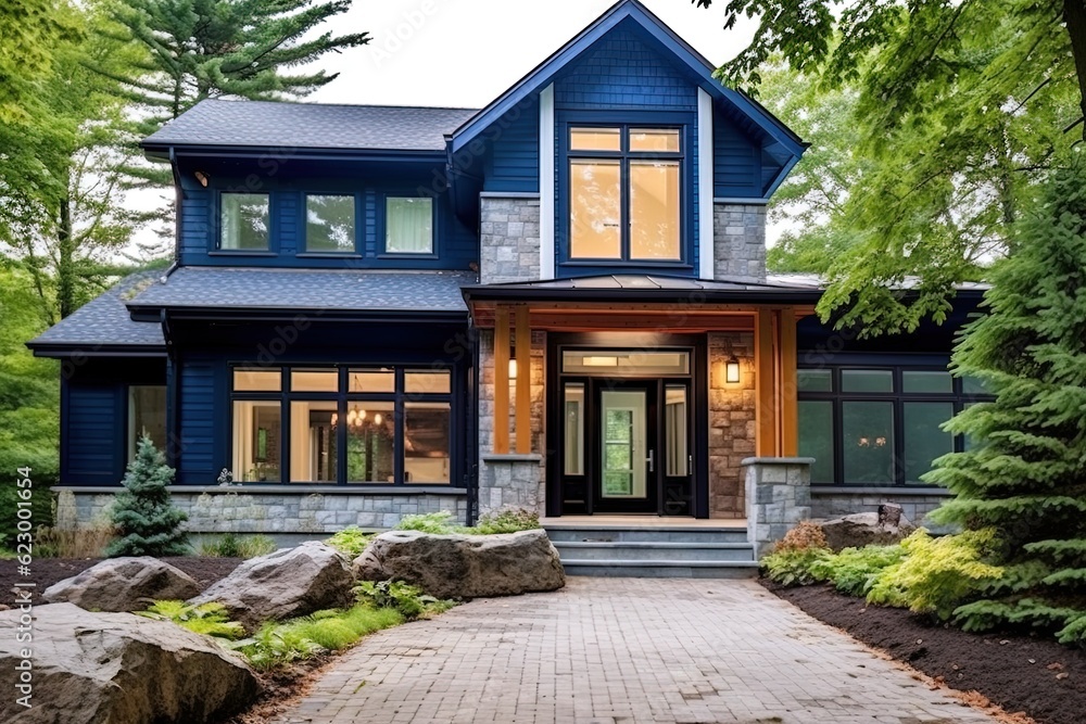 Enchanting Double Garage House with Sleek Styling, Indigo Siding, and Natural Stone Porch - A Stunning New Build, generative AI Enchanting Double Garage House with Sleek Styling, Indigo Siding, and Natural Stone Porch - A Stunning New Build, generative AI