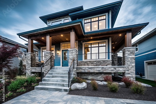 Peacock Blue Siding and Natural Stone Porch: Discover the Innovative Styling of an Exemplary Fresh Construction Dwelling with a Double Garage, generative AI