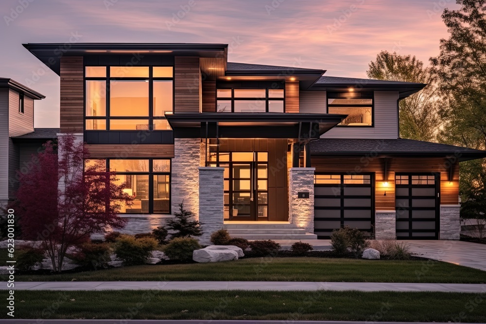 Stylish New Construction: Fashionable Fresh Build Residence with Sleek Architecture, Two-Car Garage, and Blush Pink Siding, generative AI Stylish New Construction: Fashionable Fresh Build Residence with Sleek Architecture, Two-Car Garage, and Blush Pink Siding, generative AI