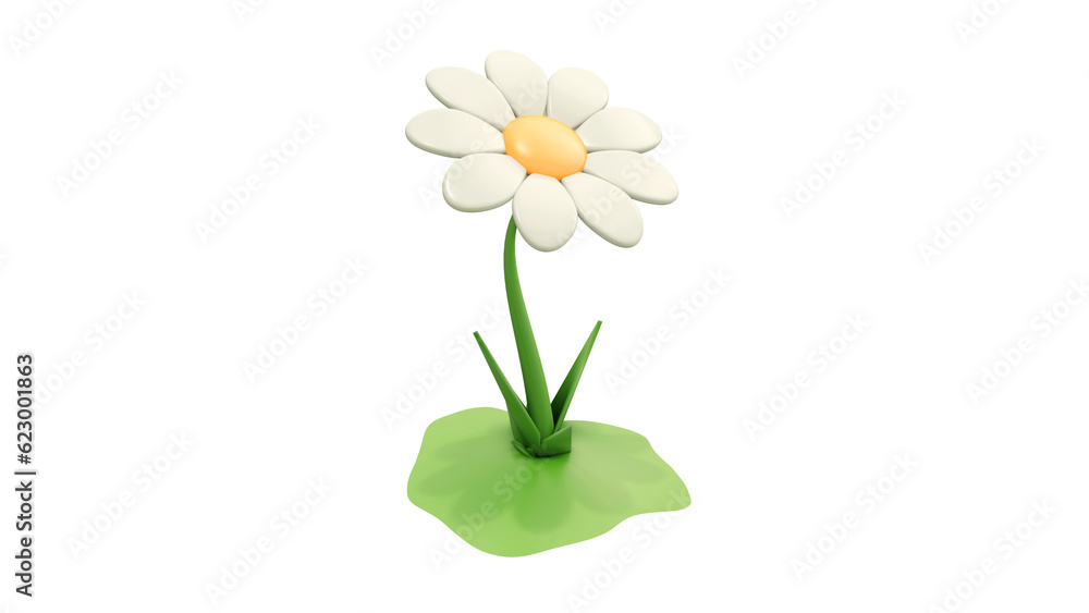 Beautiful white Daisy (Marguerite) with a little steble, isolated on white background. 3d render colorful daisy flower. Nature elements isolated on white background. 3d rendering Beautiful white Daisy (Marguerite) with a little steble, isolated on white background. 3d render colorful daisy flower. Nature elements isolated on white background. 3d rendering