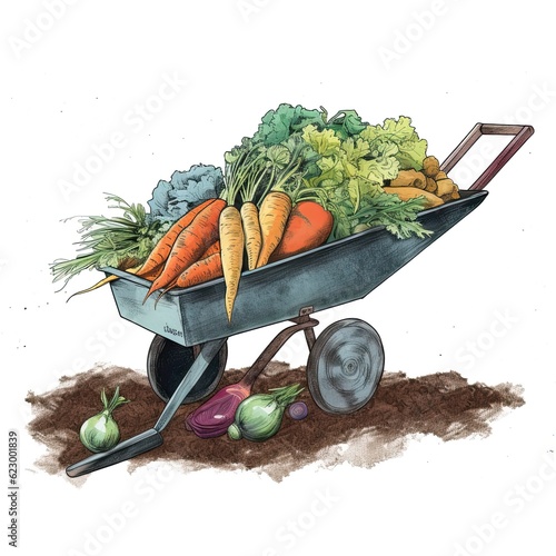 Utility cart isolated on white background. A barrow with crop from the garden. An illustration of the harvest in a wheelbarrow. Band barrow full of fresh vegetables. Wheel barrow. Handbarrow drawing photo