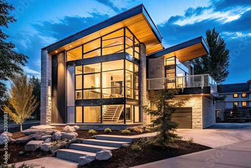 Contemporary Design Meets Futuristic Charm: Metallic Silver Siding and Natural Stone Accents Grace this Brand New Property with a Three-Car Garage, generative AI © Michael