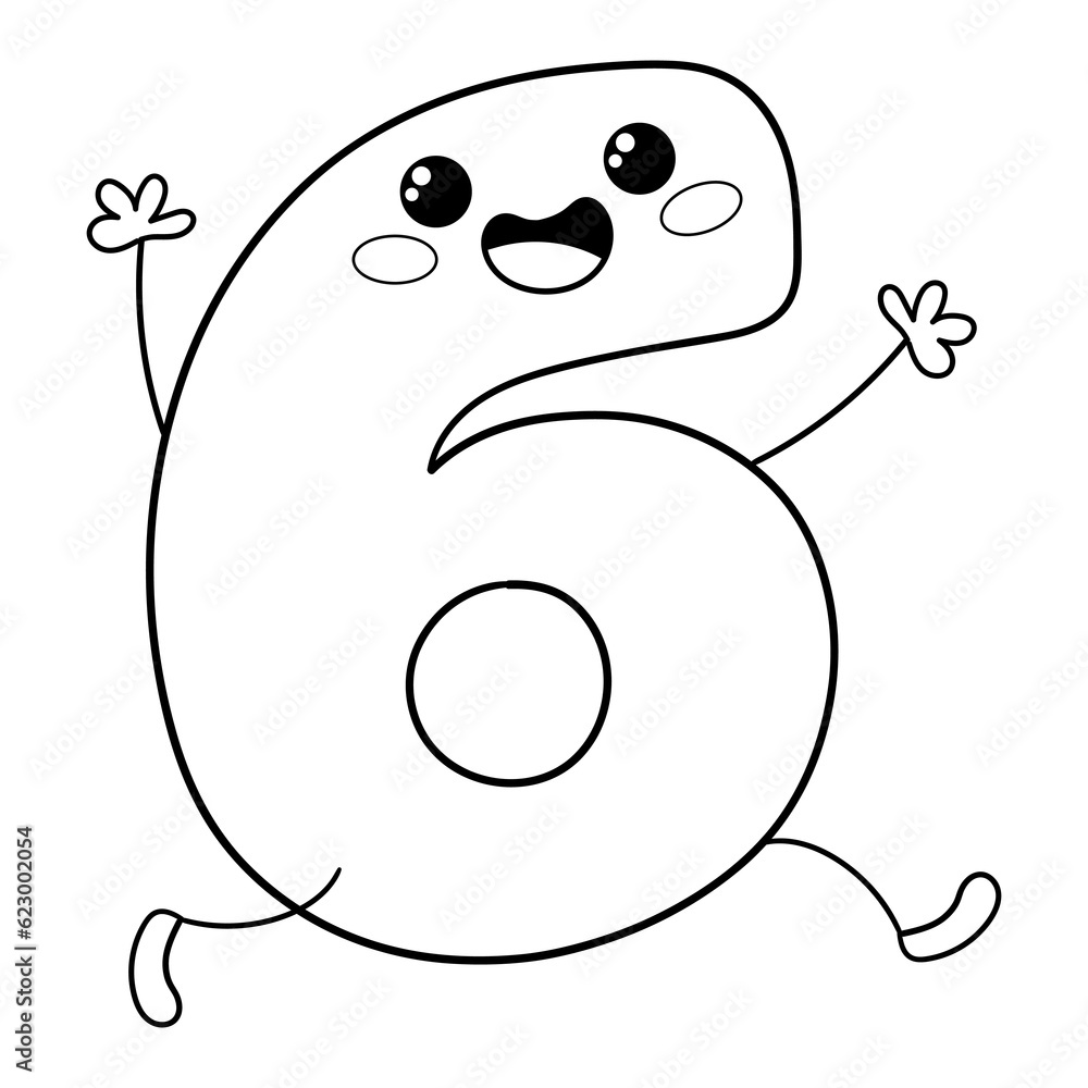 Illustration in black and white of number six in Kawaii style smiling and waving raised arms, coloring page, clipart