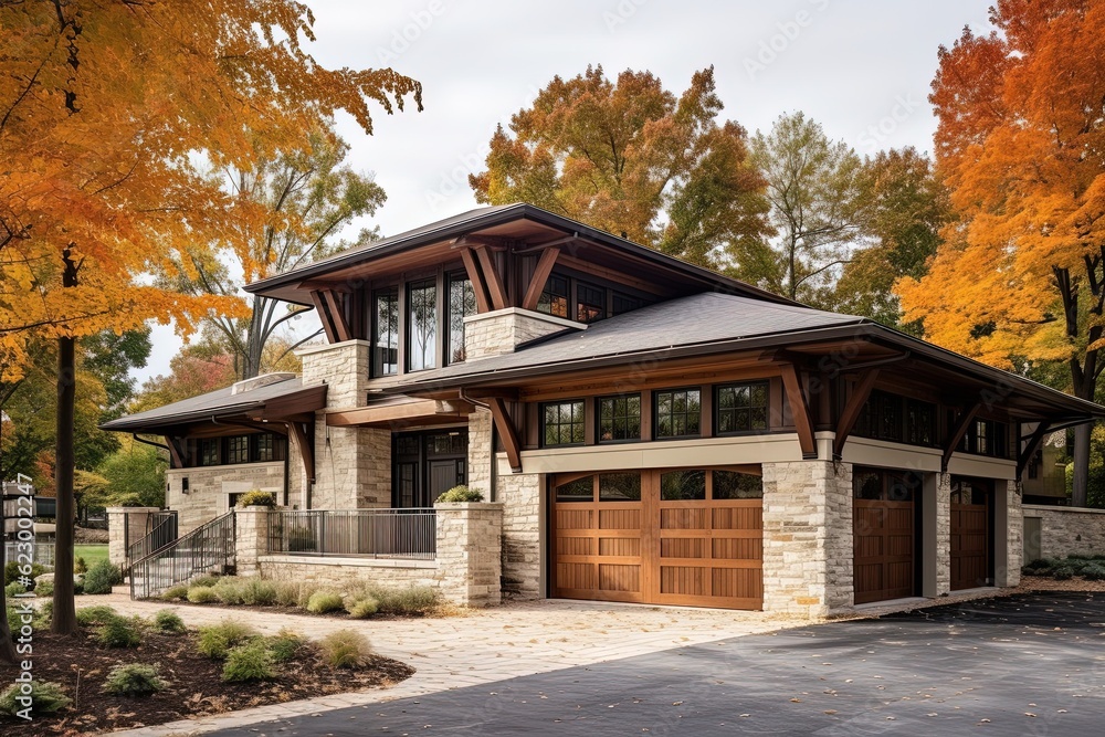 Avant-Garde Luxury Home with Three-Car Garage and Pale Orange Siding, Featuring Natural Stone Pillars, generative AI Avant-Garde Luxury Home with Three-Car Garage and Pale Orange Siding, Featuring Natural Stone Pillars, generative AI
