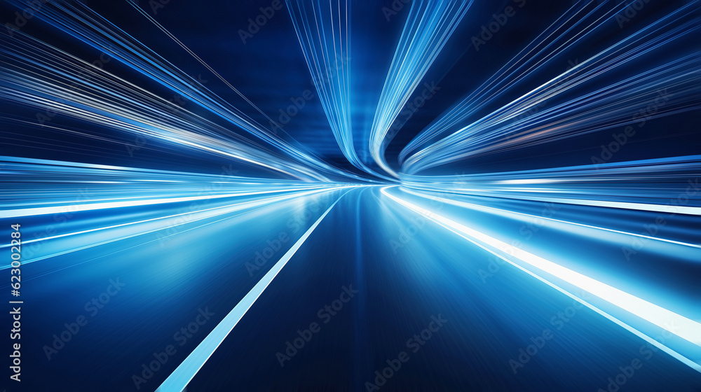 Speeding motion blurred in tunnel. powerful of abtract light trails. 3D rendering