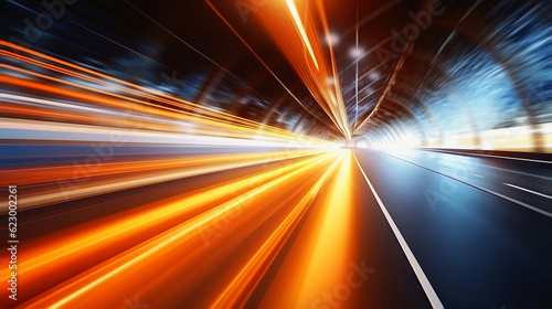 Speeding motion blurred in tunnel. powerful of abtract light trails. 3D rendering