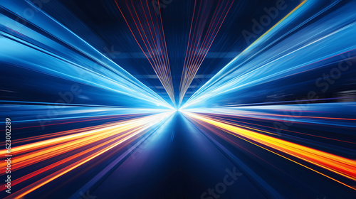 Speeding motion blurred in tunnel. powerful of abtract light trails. 3d rendering.