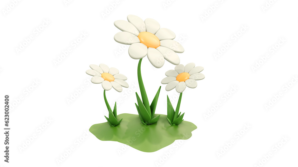 Beautiful white Daisy (Marguerite) with a little steble, isolated on white background. 3d render colorful daisy flower. Nature elements isolated on white background. 3d rendering