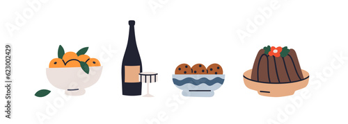 Traditional Christmas food and drink set. Fruits, cookies, chocolate pudding and champagne bottle. Festive Xmas dishes, eating and beverage. Flat vector illustration isolated on white background