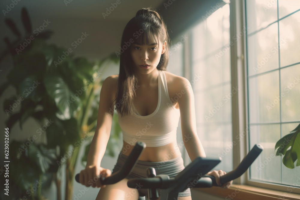 Photo of Woman on stationary exercise bike Photo of Woman on stationary exercise bike