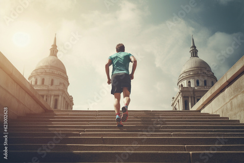 Healthy lifestyle middle aged man runner running upstairs on city stairs