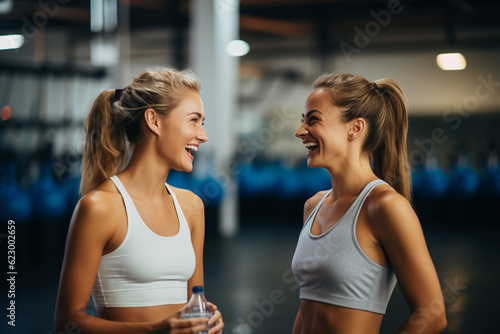 Sportive women talking in a gym while drinking water