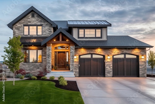 Cutting-Edge Architecture: Luxurious Brand New Home with Two-Car Garage, Light Gray Siding, and Natural Stone Facade, generative AI