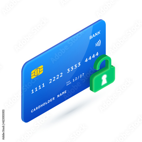 Unlock Credit Card, Payment protection 3D icon. Vector Isometric plastic card with green unlocked padlock. Safe purchase, financial opportunity payment symbol. Banking transaction security concept