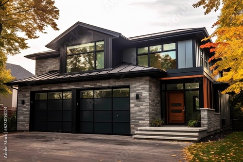 Modern Aesthetic: Majestic Newly Built Dwelling with Two-Car Garage, Dark Green Siding, and Natural Stone Walls, generative AI